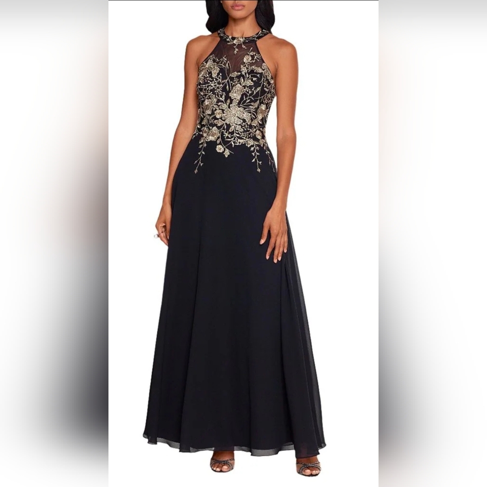 Betsy & Adam Blue Halter Neck Maxi Dress with Gold Detailing
